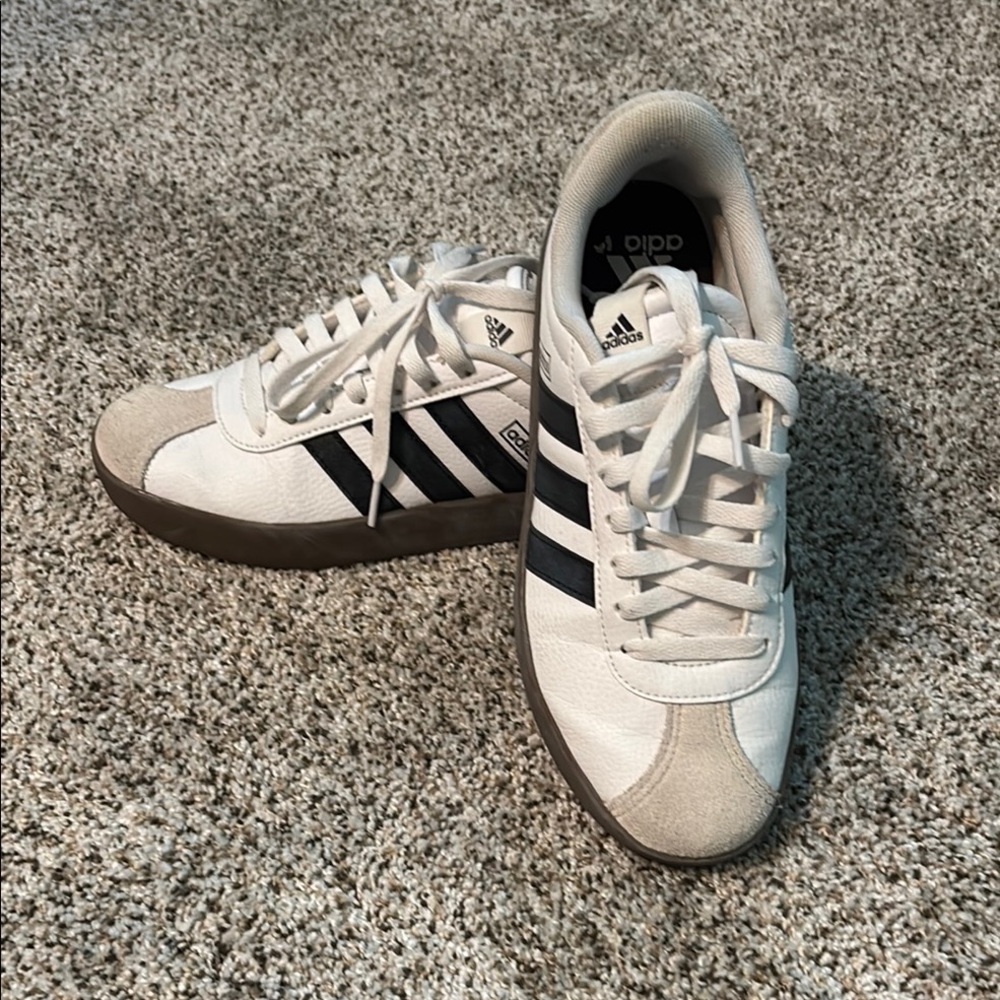 Adidas women’s Court White and Black Sneakers with Dark Brown Sole